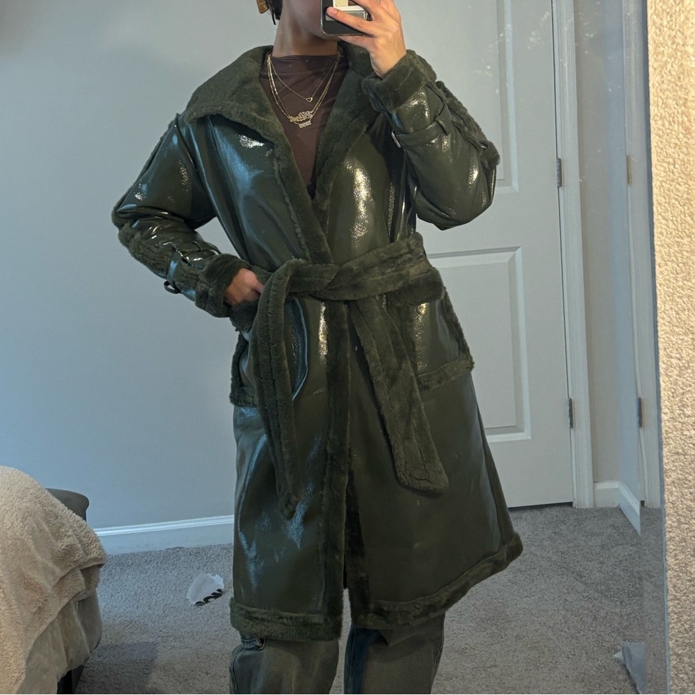 Dark Green Faux Fur Belted Trench Coat